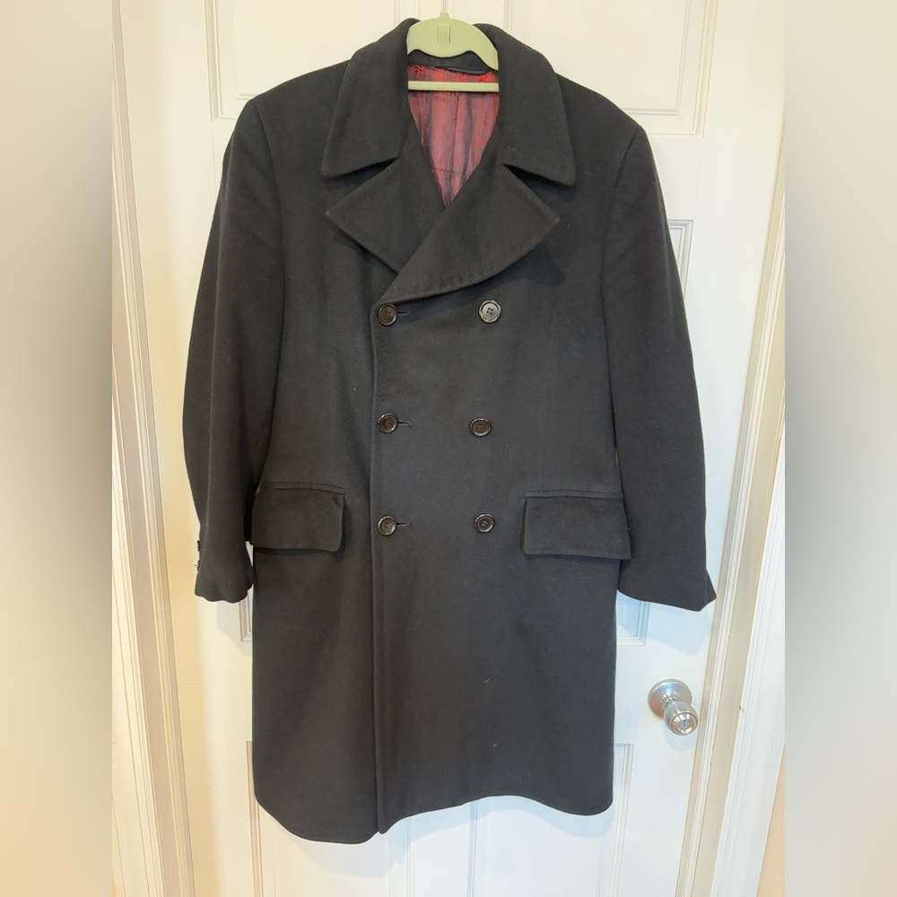 VTG 60's Richfield  100 % Cashmere  Belted Rear DB Over Coat Made USA Black